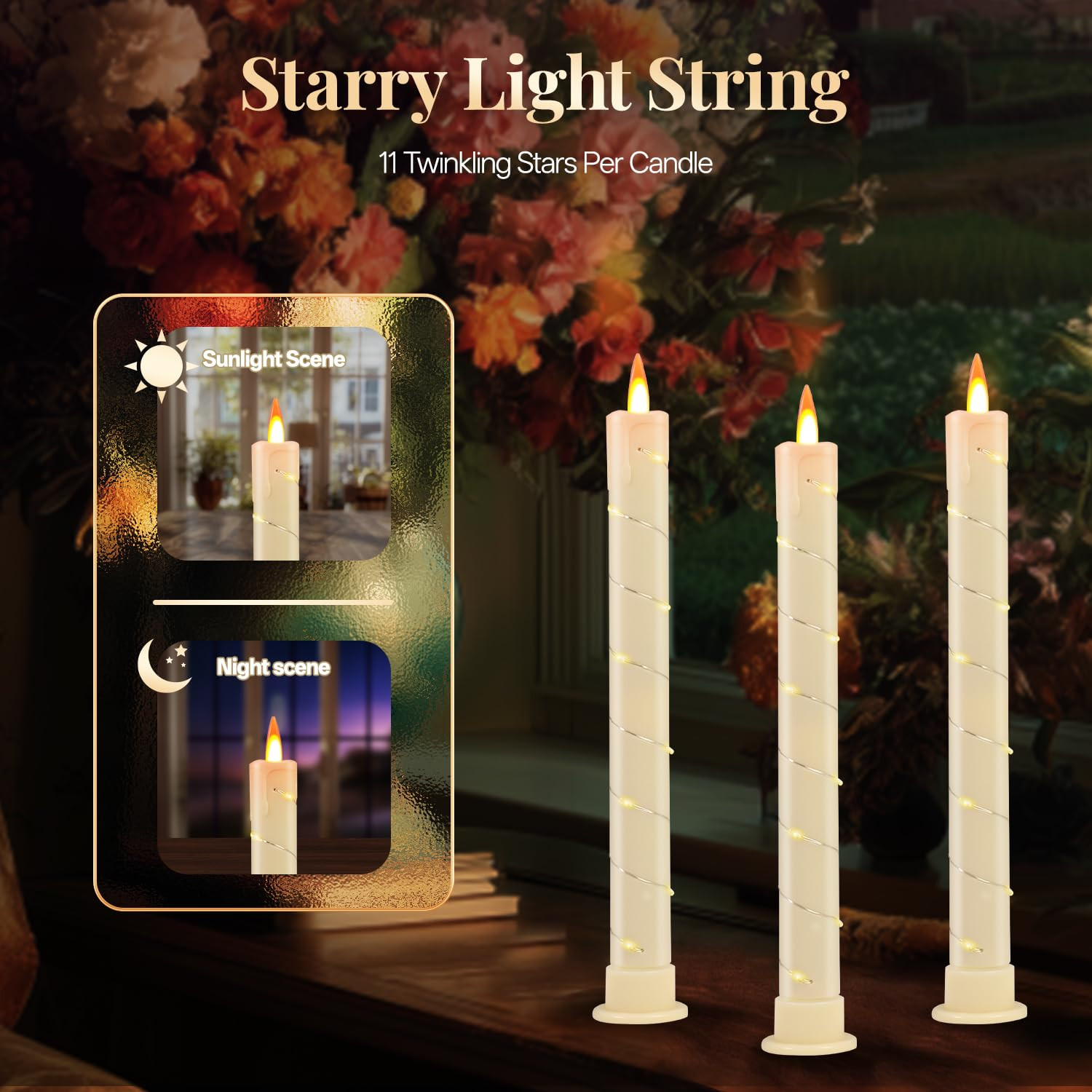 3 Pcs Flameless Taper Candles, Battery Taper Candles Flickering Flame with Embedded Star String, ... | Amazon (US)