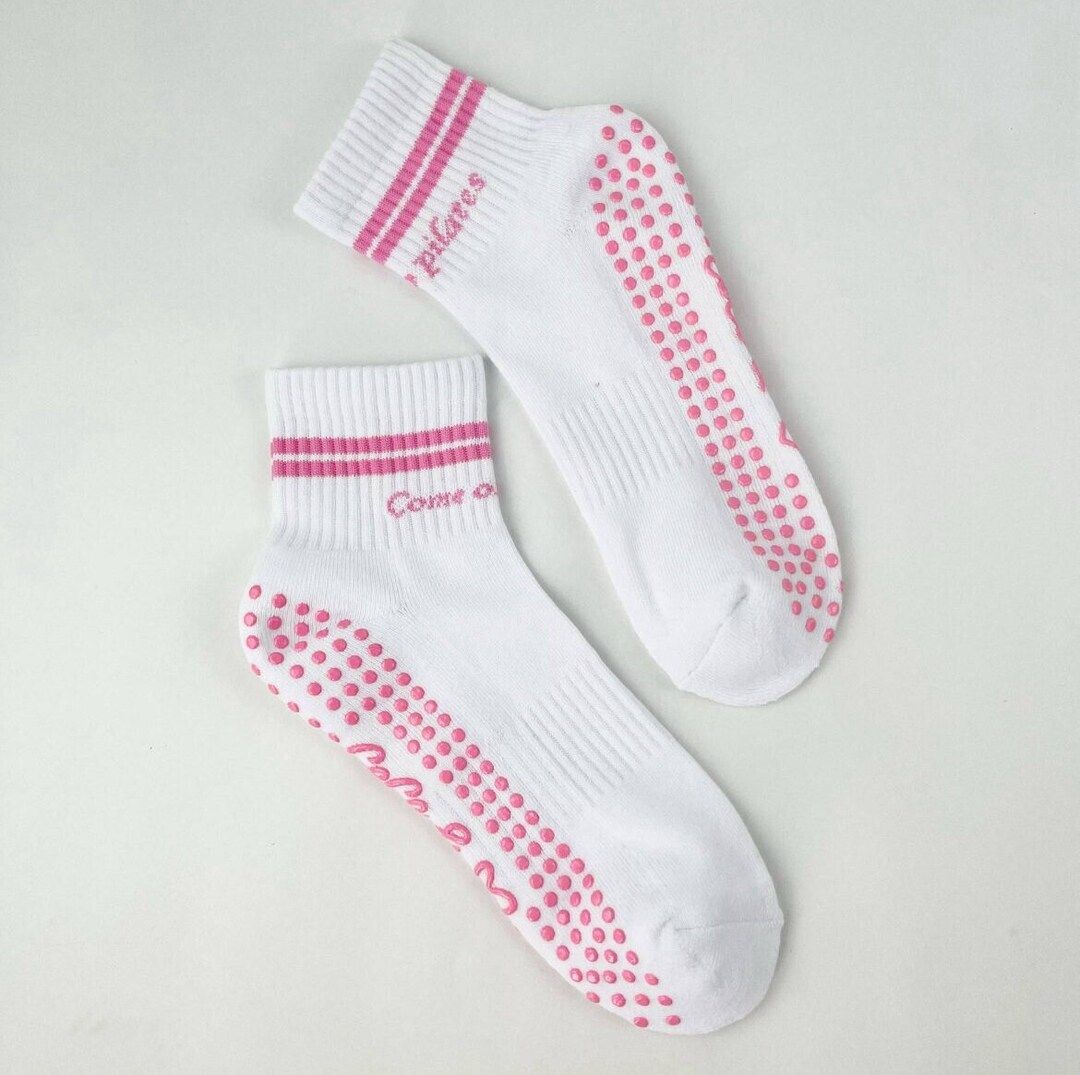 Pink and White Midi Crew Pilates Grip Socks come on Barbie Lets Do Pilates - Etsy | Etsy (US)