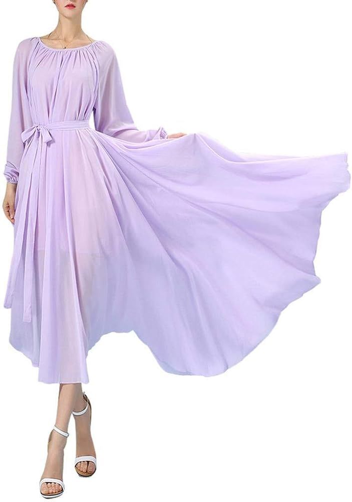 BUENOS NINOS Women's Long Sleeve Crew Neck Loose Chiffon Long Maxi Dress with Belt | Amazon (US)