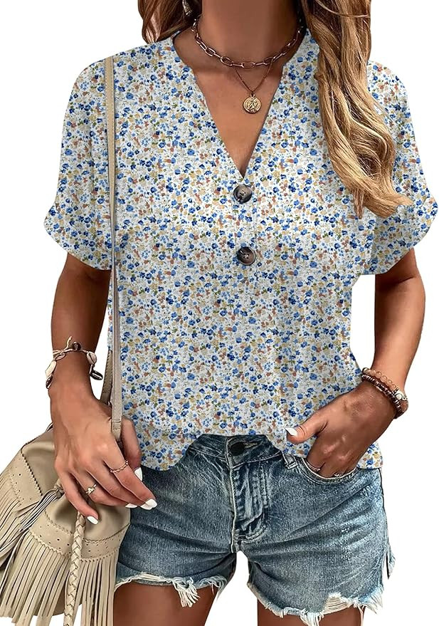 Micoson Women's Summer Tops Dressy Casual Short Sleeve Button Down Shirts Loose Fit V Neck Tunic ... | Amazon (US)