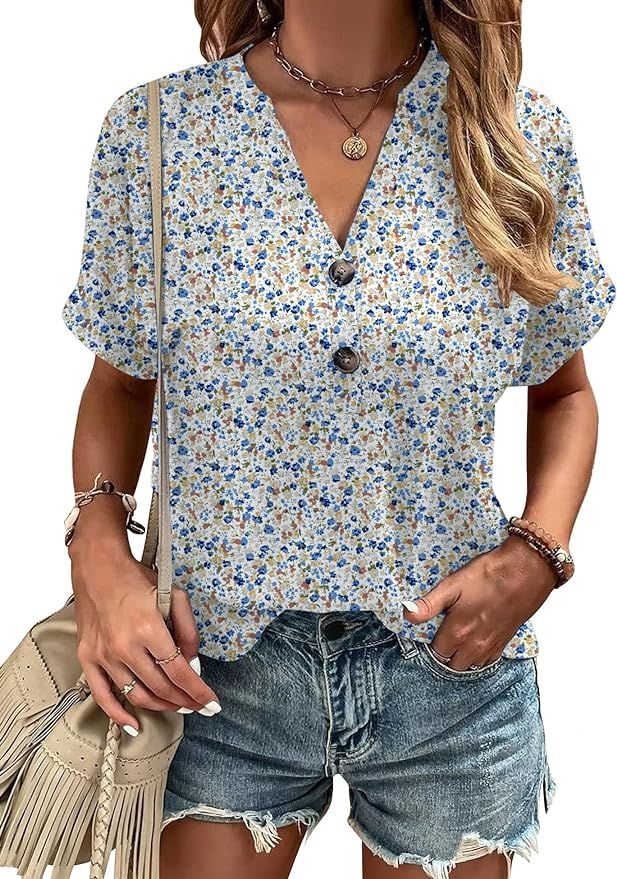 Micoson Women's Summer Tops Dressy Casual Short Sleeve Button Down Shirts Loose Fit V Neck Tunic ... | Amazon (US)