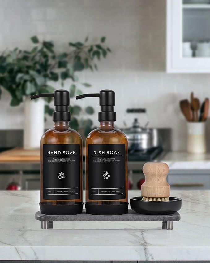 [Luxury] Kitchen Soap Dispenser Set - 16OZ Amber Glass Bottle, Stainless Steel Pump, Instant Dry ... | Amazon (US)