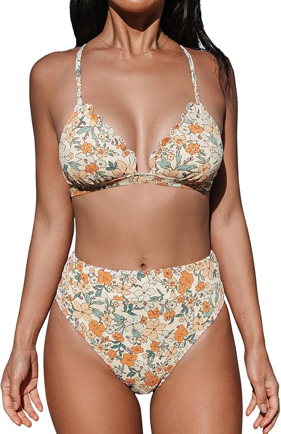 CUPSHE Bikini Set for Women Bathing Suit High Waisted Scalloped V Neck Two Pieces Swimsuit | Amazon (US)