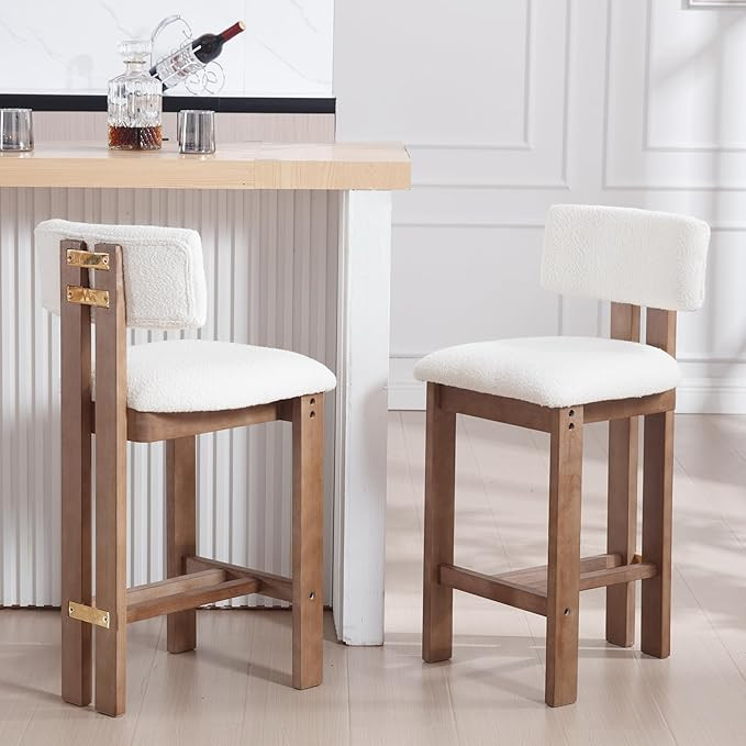 26 inch Farmhouse Bar Stools Set of 2 Sherpa Upholstered Kitchen Stool Wood Legs Boho Pub Stool w... | Amazon (US)