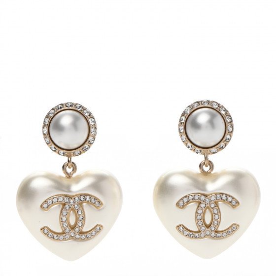 CHANEL Pearl Crystal CC Heart Drop Earrings Gold | Fashionphile