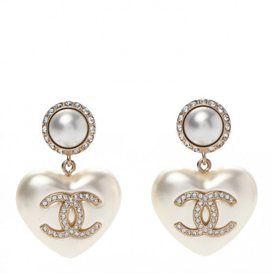 CHANEL Pearl Crystal CC Heart Drop Earrings Gold | Fashionphile