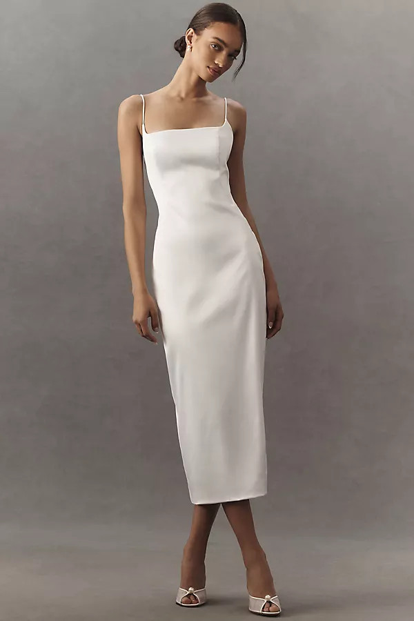 Square-Neck Back-Slit Slim Stretch Satin Midi Dress | Anthropologie (US)