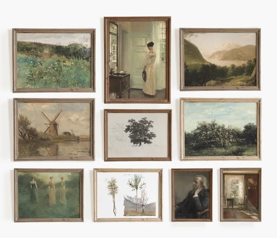 Vintage gallery wall set. Antique oil painting. Set of 10 prints. Neutral french farmhouse decor.... | Etsy (US)