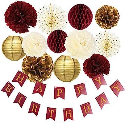 Burgundy Gold Birthday Party Decorations Burgundy Gold Happy Birthday Banner Tssue Pom Pom Honeyc... | Amazon (US)
