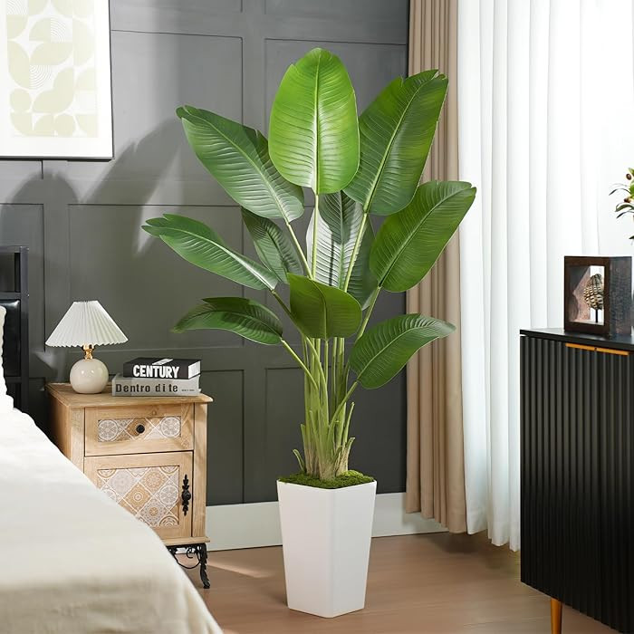 Lifelike Bird of Paradise Artificial Plant 6ft Faux Banana Leaf Tree with White Tall Planter for ... | Amazon (US)