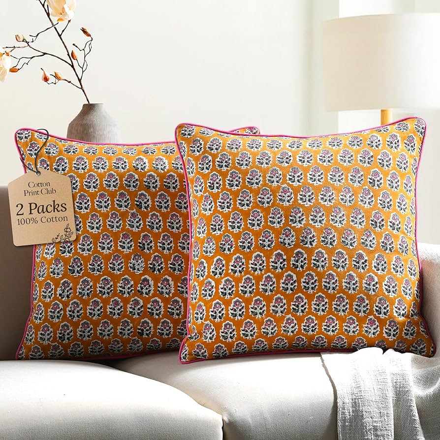 CPC 100% Cotton Throw Pillow Covers 20x20 Inch, Set of 2 Yellow Block Print Pattern Couch Pillow,... | Amazon (US)