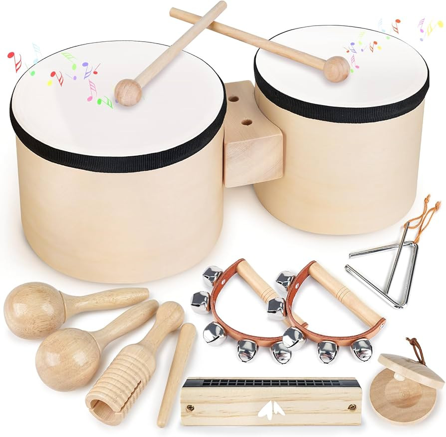 Drum Set for Toddlers 1-3, Wooden Musical Instruments Toys for 1 Year Old Girls Gifts, Montessori... | Amazon (US)