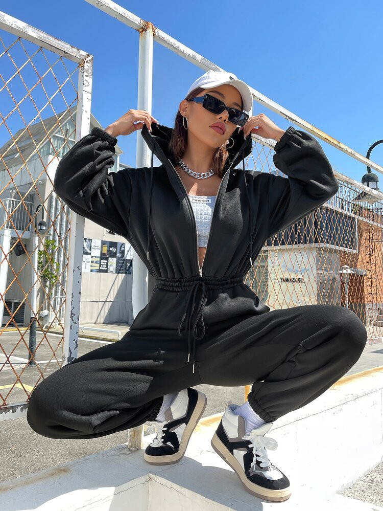 SHEIN EZwear Drop Shoulder Drawstring Waist Hooded Jumpsuit | SHEIN