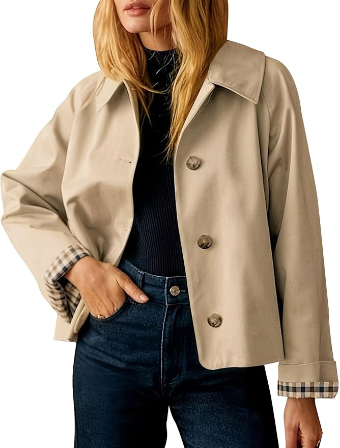 Flygo Womens Trench Coat Cropped Casual Jackets Oversized Button Down Long Sleeve Lapel Jacket Co... | Amazon (US)