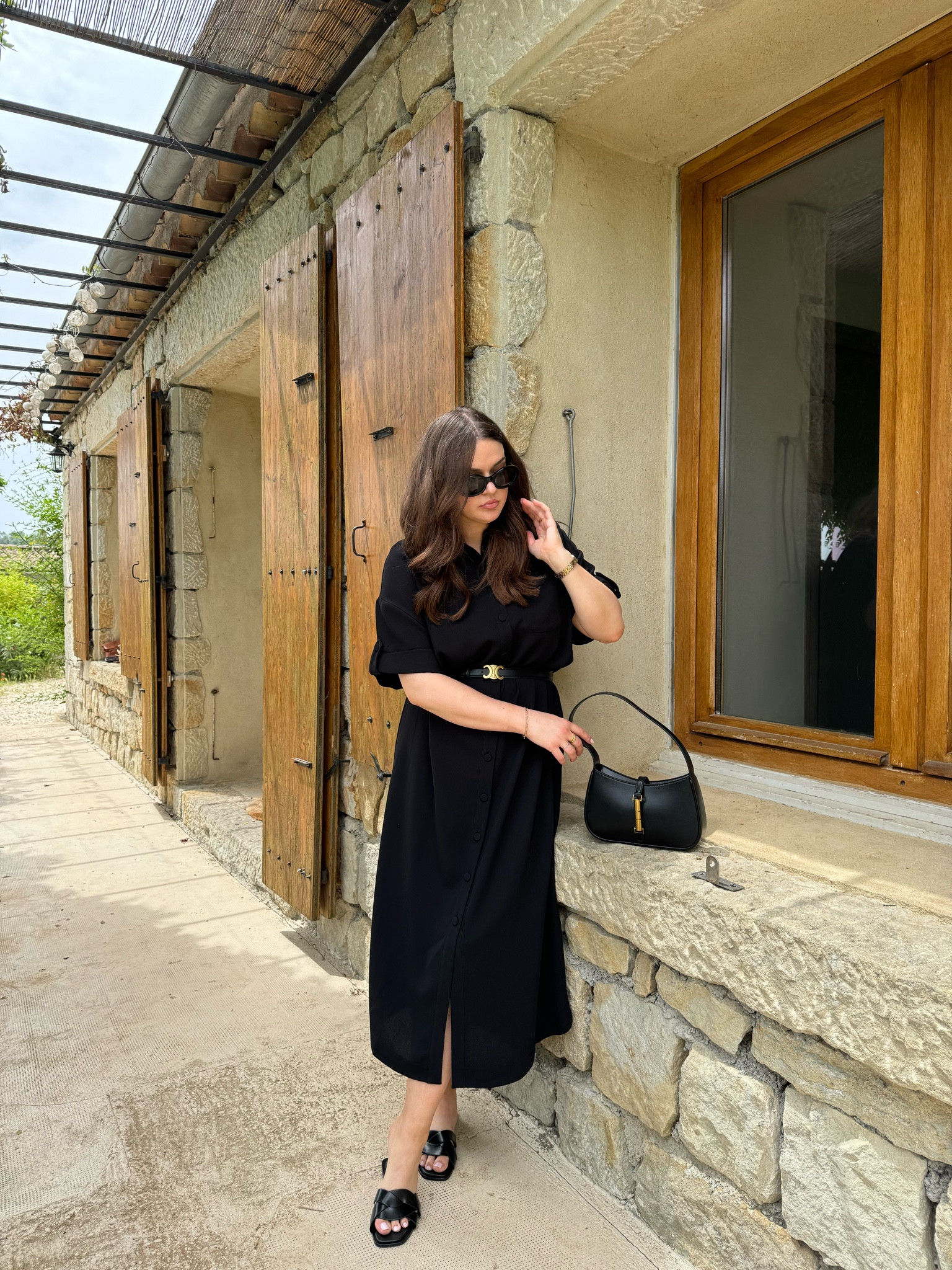Midsize summer holiday outfit - black Sezane midi dress, H&M sandals, Charles & Keith handbag, celine belt & sunglasses. 

#LTKsummer #LTKmidsize #LTKuk