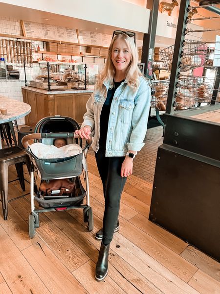 Easy casual outfit for wrangling babies, lunch, errands, stroller rides. This oversized denim jacket is so good, boots are comfortable and $32! And the smart sunglasses are amazing for moms on the go. 

#LTKshoecrush #LTKbaby #LTKsalealert