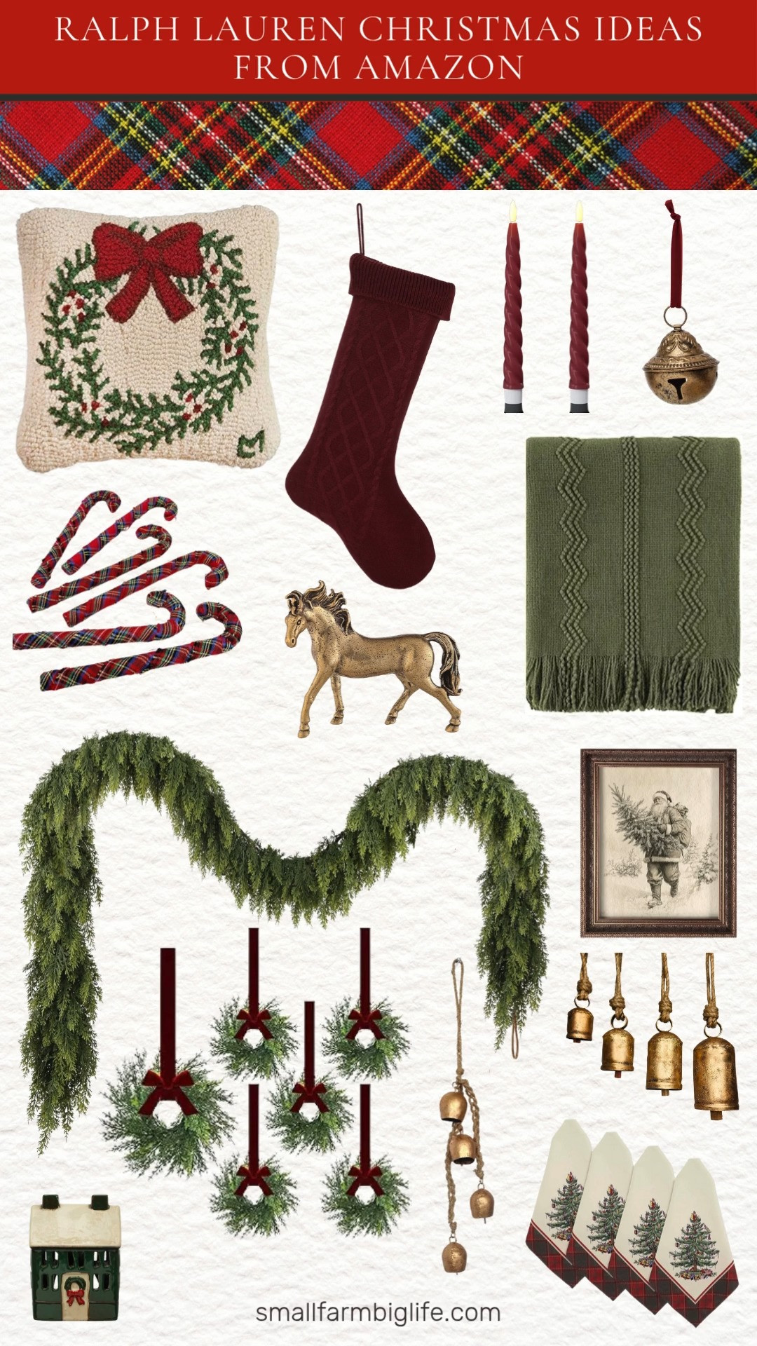 ✨Ralph Lauren Christmas style, but make it Amazon 🎁 Bring timeless elegance to your holiday home with luxe textures and classic charm: think plaid candy cane ornaments, rich burgundy stockings, gold bells, embroidered napkins, and cozy green throws. Tap to shop these Ralph Lauren inspired Christmas finds for a sophisticated and festive look this season. 

 #LTKHoliday #LTKHome #LTKFindsUnder50