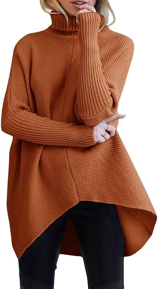 MILLCHIC Womens Turtleneck Long Sleeve Sweater Asymmetric Hem Casual Pullover Knit Tops JH36-8M7-... | Amazon (US)