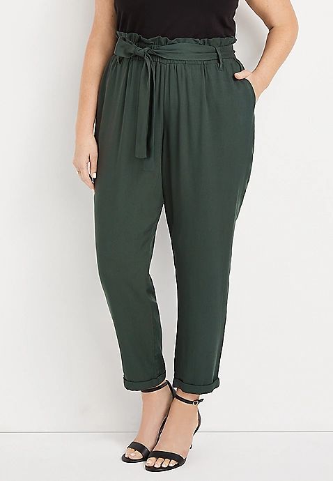 Plus Size High Rise Green Tie Waist Ankle Pant | Maurices