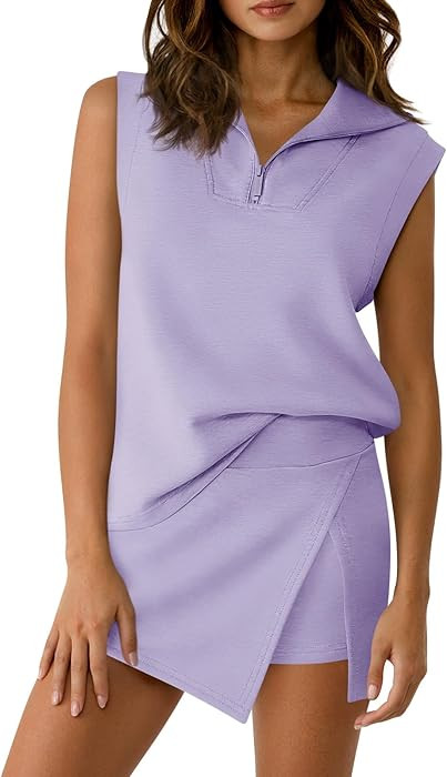 Fisoew Womens 2 Piece Skirt Sets Summer Sleeveless Half Zip Sweatshirt Athletic Skorts Tennis Out... | Amazon (US)