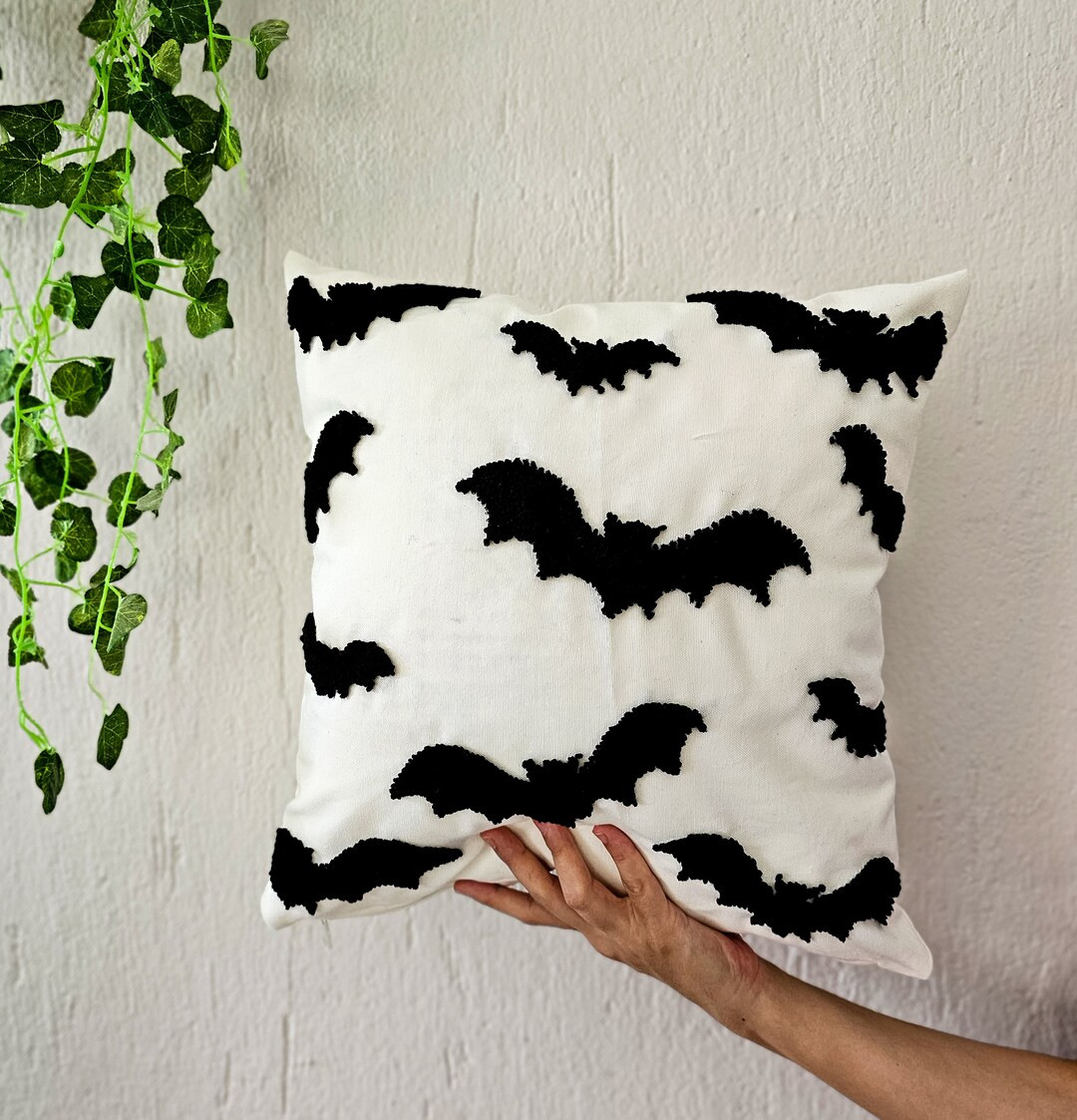 Halloween Black Bat Punch Needle Pillow Case, Embroidery Halloween Bat Pillow Cover, Halloween De... | Etsy (US)