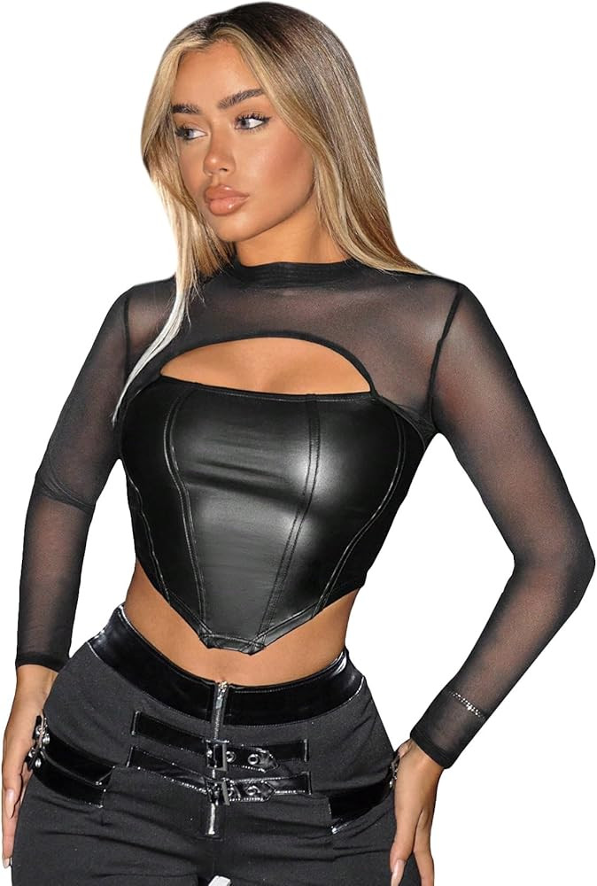 MakeMeChic Women's Faux Leather Crop Tops Y2K Cut Out Mesh Sheer Long Sleeve Mock Neck Tee Shirts | Amazon (US)