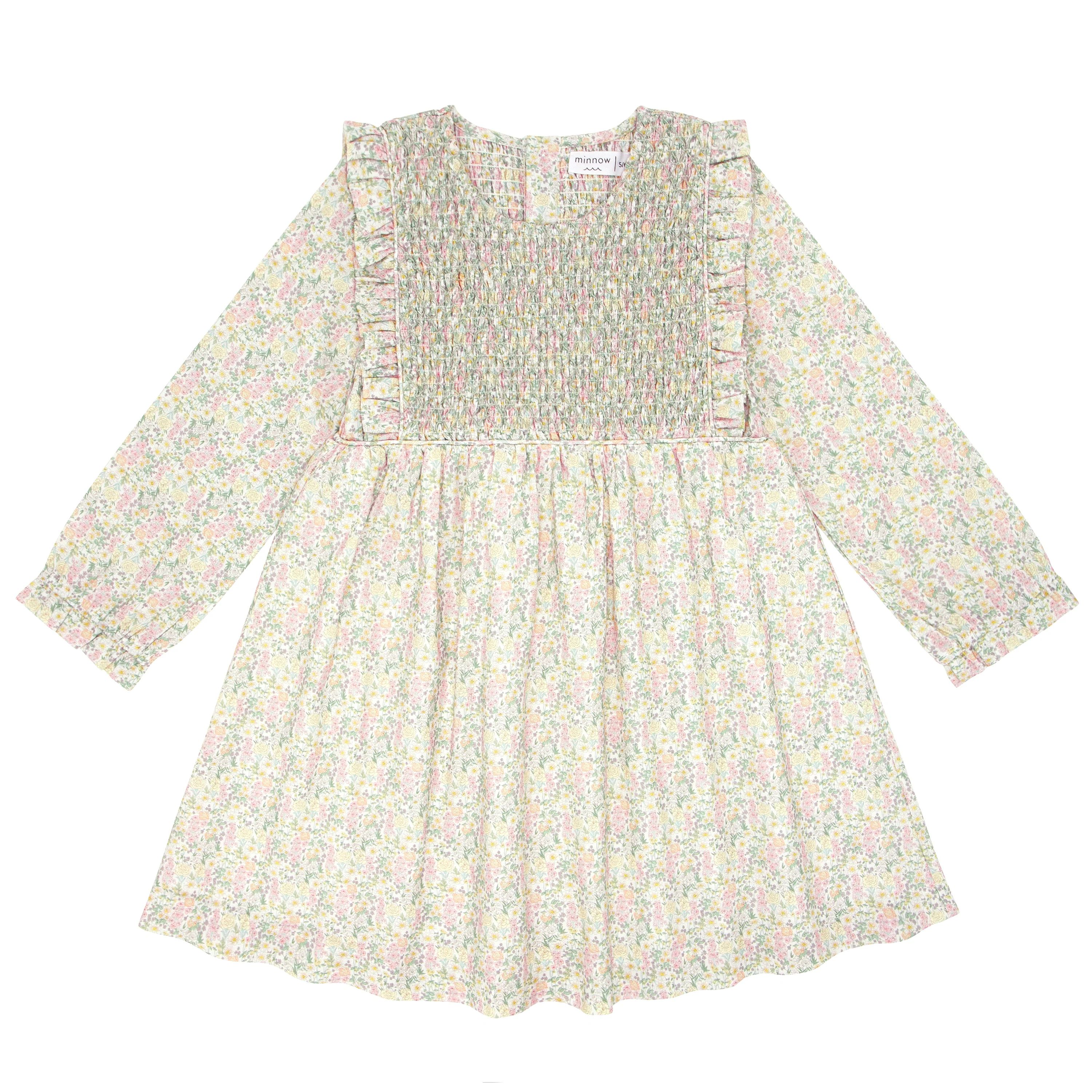 girls wildflower bouquet long sleeve ruffle pinafore dress | minnow swim | minnow