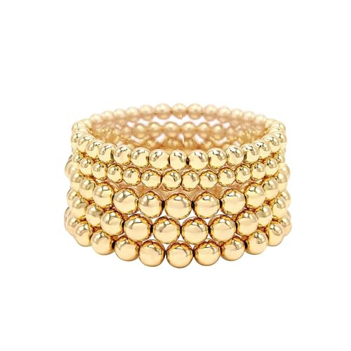 Cryshimmer 5 Pcs Gold Bead Bracelet Set for Women Gold Plated Bead Ball Stretch Elastic Bracelet | Amazon (US)