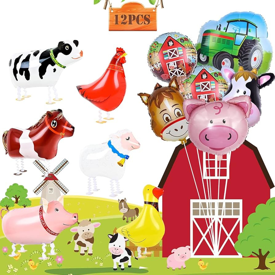 12 Pieces Farm Animals Balloons, Foil Balloons for Farm Animal Birthday Party Supplies Farm Barny... | Amazon (US)