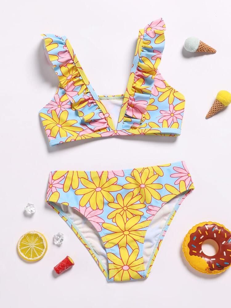 Toddler Girls Floral Print Ruffle Trim Bikini Swimsuit | SHEIN