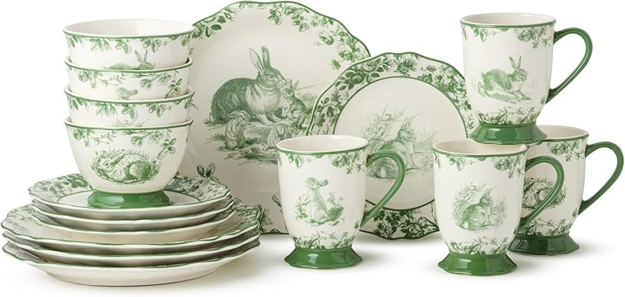 Le Jardin Bunny 16-Piece DINNERWARE SET, SERVICE FOR FOUR – Elegant Stoneware Plates, Bowls & M... | Amazon (US)