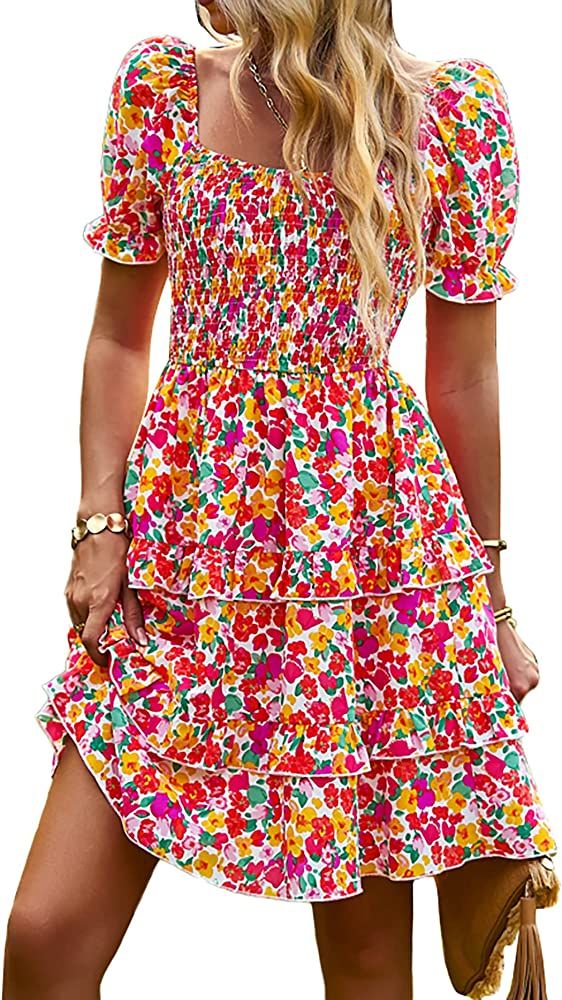 KIRUNDO 2023 Summer Women's Square Neck Smocked Floral Dress Boho Off Shoulder Tiered Ruffle Flow... | Amazon (US)