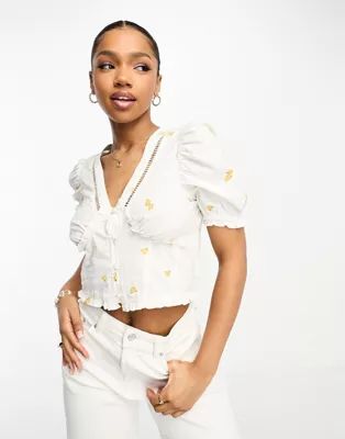 Miss Selfridge poplin tie front top in ivory with floral embroidery | ASOS (Global)
