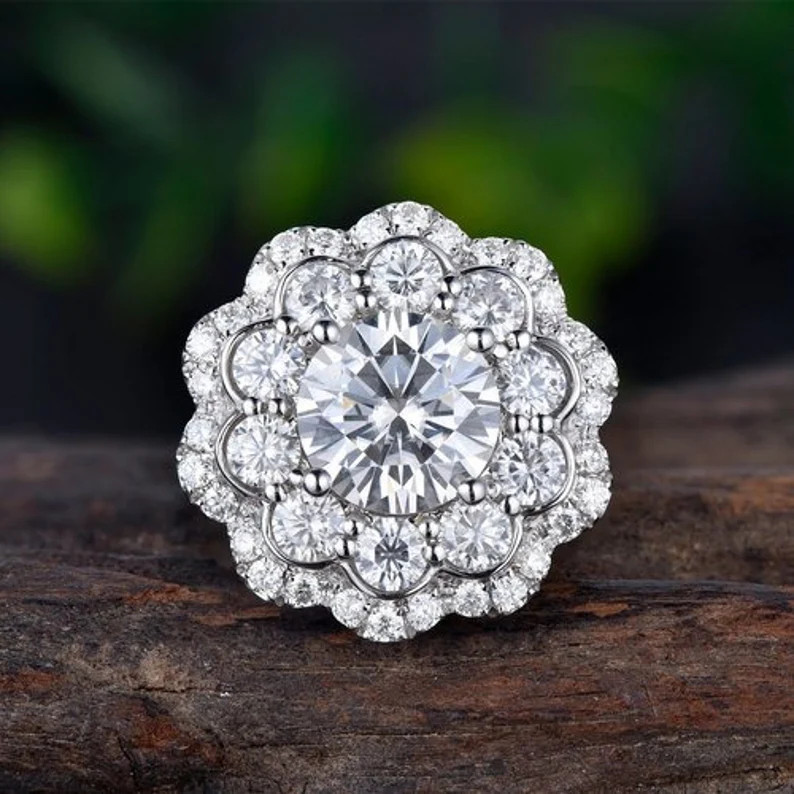 Moissanite Ring, 1.57 Ct Colorless Moissanite Ring, Cocktail Flower Halo Ring, 14K White Gold, Do... | Etsy (US)