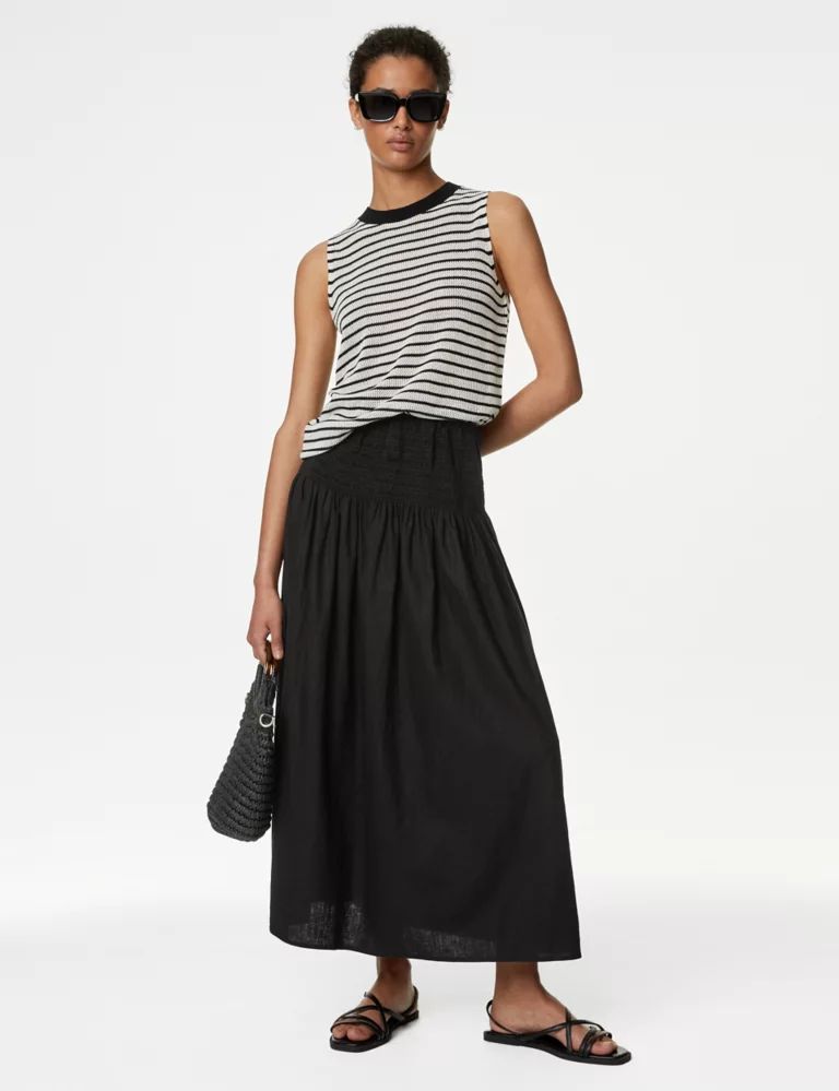 Linen Rich Shirred Midi A-Line Skirt | Marks & Spencer (UK)