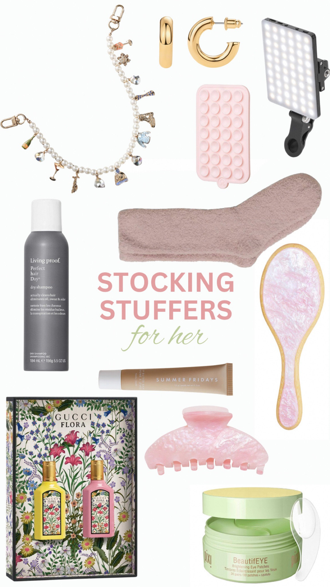 Stocking stuffers for her. Bag charm. O to buddy. Phone light. Barefoot dreams socks. Dry shampoo. Emi Jay brush. Claw clip. Summer Fridays lip balm. Gucci perfume. Eye masks. Here by Christmas  

#LTKSeasonal #LTKHoliday #LTKGiftGuide