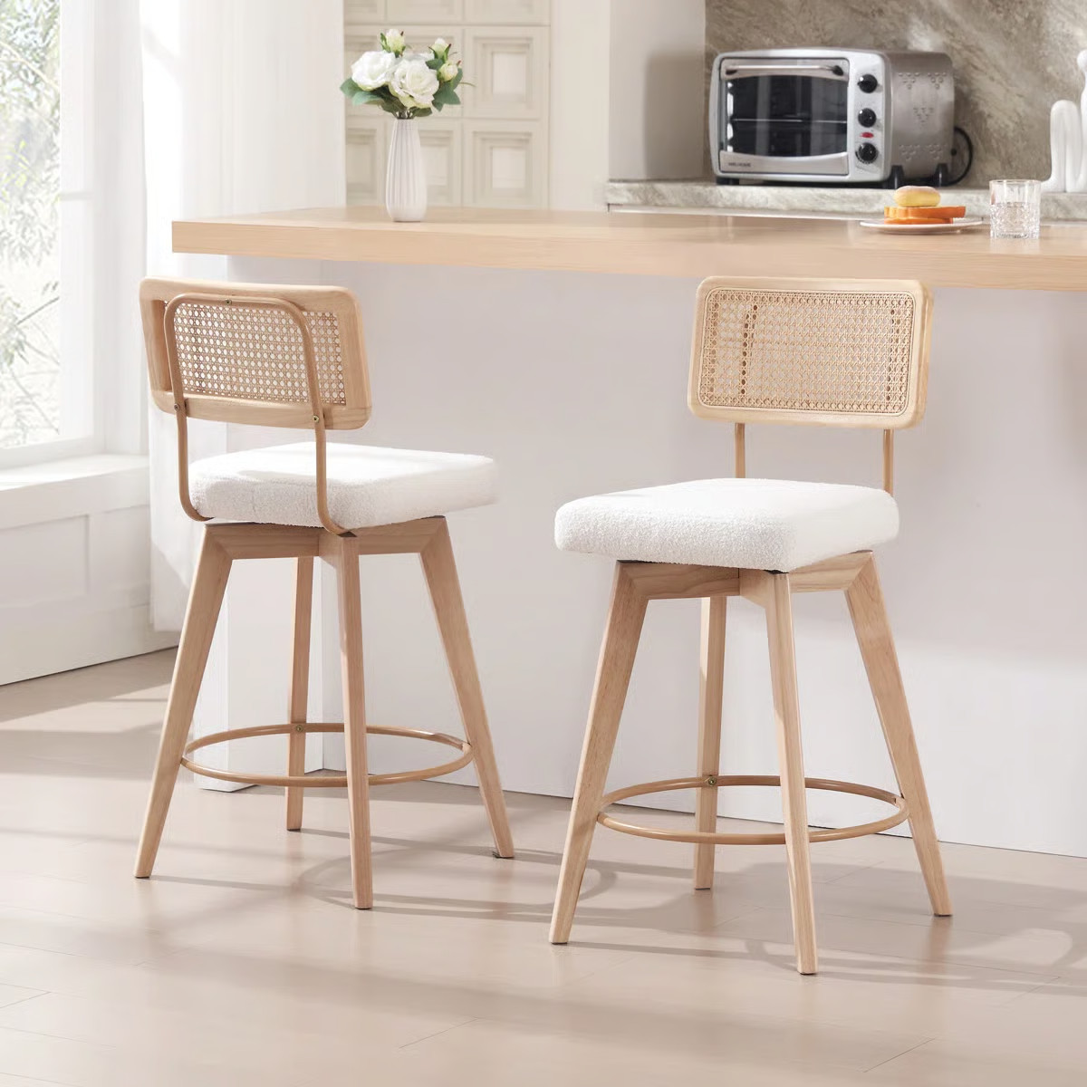 Uniondale Swivel Upholstered 26.2'' Counter Stool with Rattan Cane Back and Solid Wood Frame (Set... | Wayfair North America