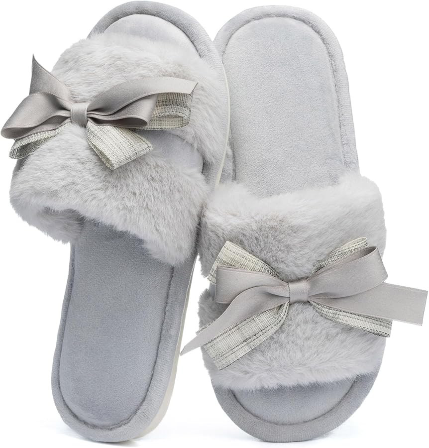 Cute Bow Slippers for Women with Memory Foam Open Toe Fuzzy House Slippers Indoor Outdoor Anti-Sk... | Amazon (US)