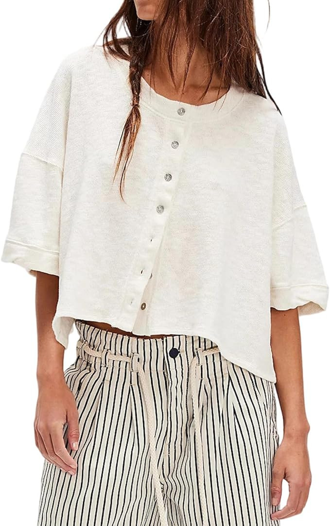 Womens Open Front Button Down Tee Drop Shoulder 3/4 Wide Sleeve Y2k Cute Going Out Shirts Streetw... | Amazon (US)