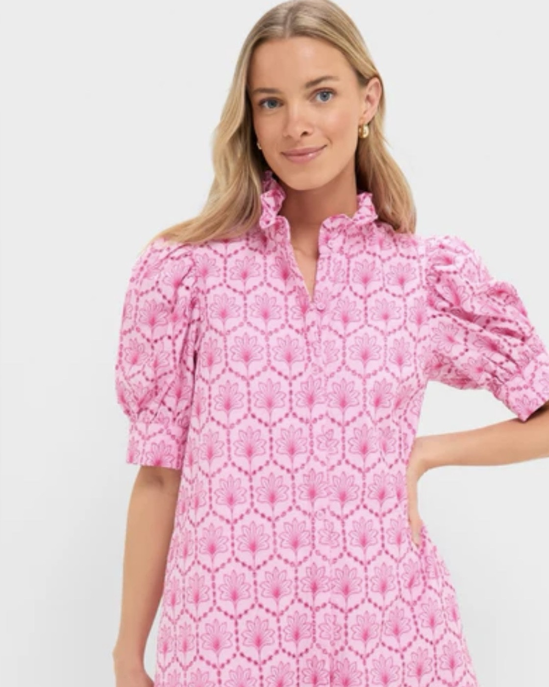 A feminine floral mini

Sweet and chic, the Louisa Dress is a style we know you'll reach for time and time again. Perfect for resort wear, brunches, showers, and anything in between, the ways to style this dress are endless. Featuring a feminine ruffle stand collar with short puff sleeves in an all-over eyelet fabric, this straight silhouette is easy to wear all day long. Pair with chunky heels and a sweater for a casual cool daytime look, or opt for easy ballet flat and a handbag!

Our Favorite Details:
Stand ruffle collar
Short puff sleeves
Structured cuffs
Full length button front placket
Side pockets
Eyelet detailing
Lined

Material: 100% Cotton, Lining: 80% Polyester, 20% Cotton
Care: Hand wash cold, hang to dry

About the Brand
Hyacinth House represents classic femininity while edging on the side of flirty, bohemian, and playful. Through vibrant florals, textured ruffles, and bold patterns, the collection inspires women to embrace their romantic and whimsical side, seeking adventure, excitement, and celebration. @Tuckernuck 

#LTKSaleAlert #LTKU #LTKFestival