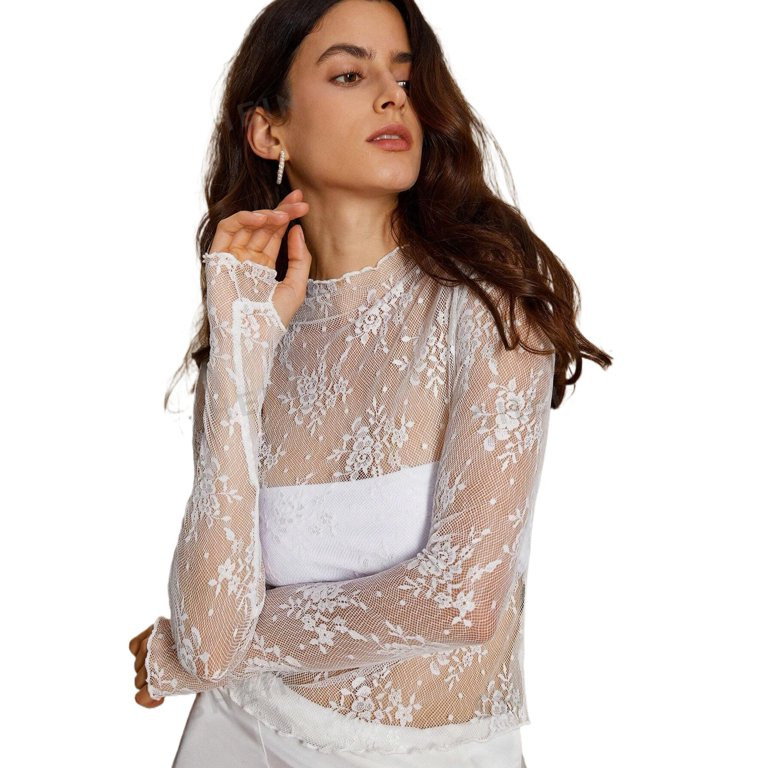 MINTREUS Ladies Long Sleeve Stand Collar Lace Top Sexy Flower Western Perspective Shirt Transpare... | Walmart (US)