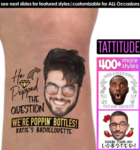 Bachelorette party gift, man tattoos, guy face tattoo, couple face tattoos, wedding tattoos, pers... | Etsy (US)