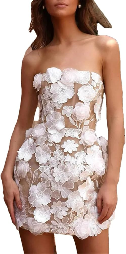 Women’s Strapless Backless White Bodycon Dress Embroidery Evening Club Dress | Amazon (US)