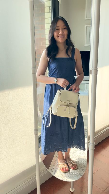 I took this Uniqlo eyelet dress in size S. I tried on size XS in a previous post on my LTK shop in the white color. It has adjustable buttom straps (I'm wearing it on the shortest length).

Love this white Kate Spade backpack so much. I reviewed it in my June 11th post on the blog at https://www.whatjesswore.com/2023/06/kate-spade-kristi-medium-flap-backpack-review.html

ZARA VINYL PEARL SLIDE SANDALS (sold out online)

Summer dress

#LTKsalealert #LTKSeasonal #LTKunder50