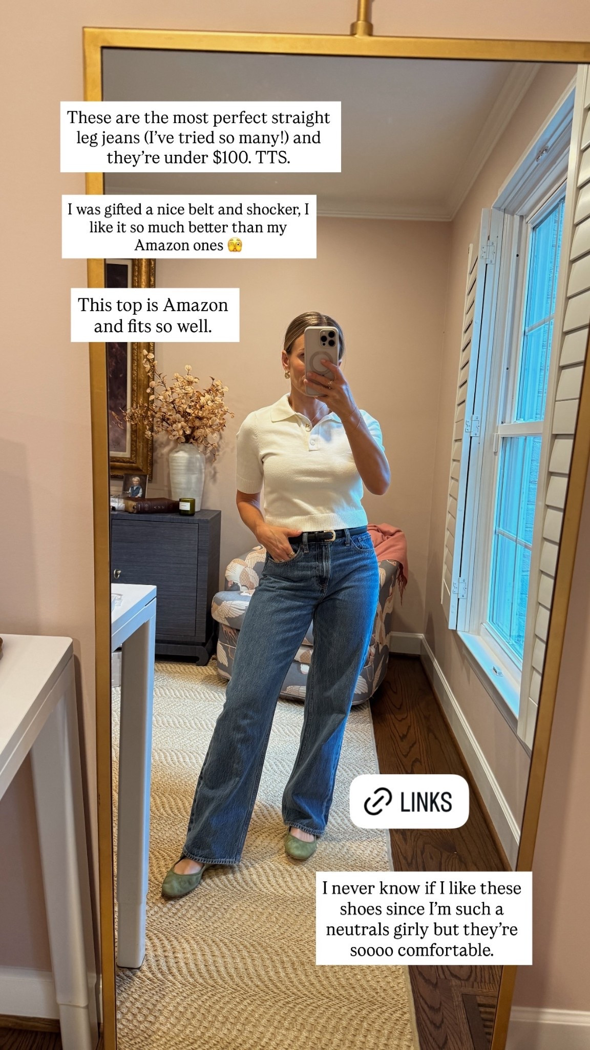 I never know if I like these shoes since I’m such a neutrals girly but they’re soooo comfortable.  I was gifted a nice belt and shocker, I like it so much better than my Amazon ones 🫣 This top is Amazon 
and fits so well.  These are the most perfect straight leg jeans (I’ve tried so many!) and they’re under $100. TTS.

#LTKStyleTip #LTKShoeCrush