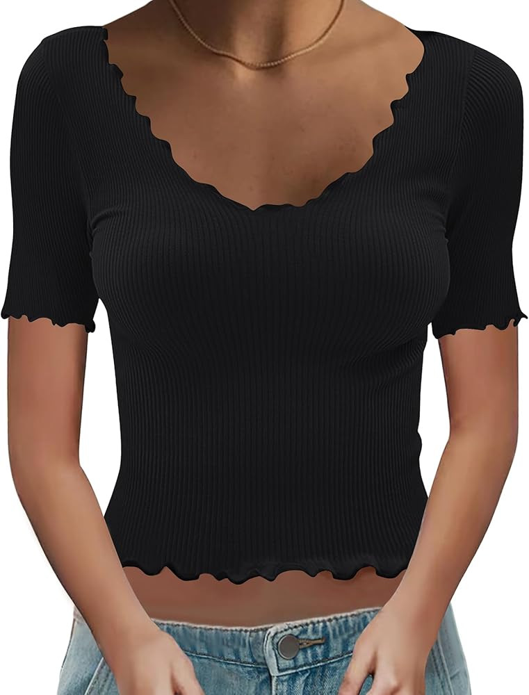 KTILG Womens Short Sleeve Crop Tops Ribbed Knit Scoop Neck Basic Fitted Ruffled Lettuce Trim Slim... | Amazon (US)