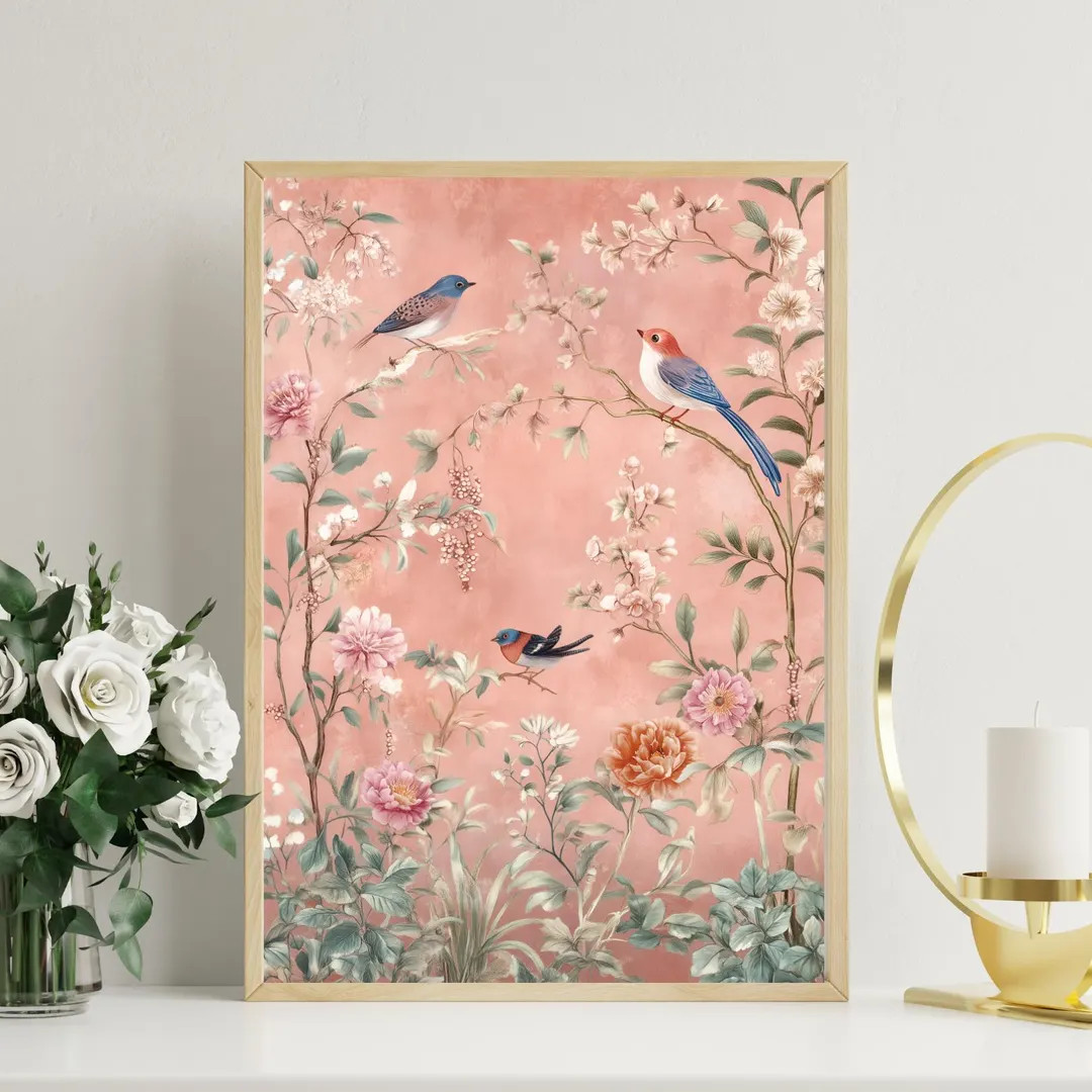 Chinoiserie Wall Art | Pink Chinoiserie Floral Bird Print | Vintage Oriental Decor | Botanical Bl... | Etsy (US)