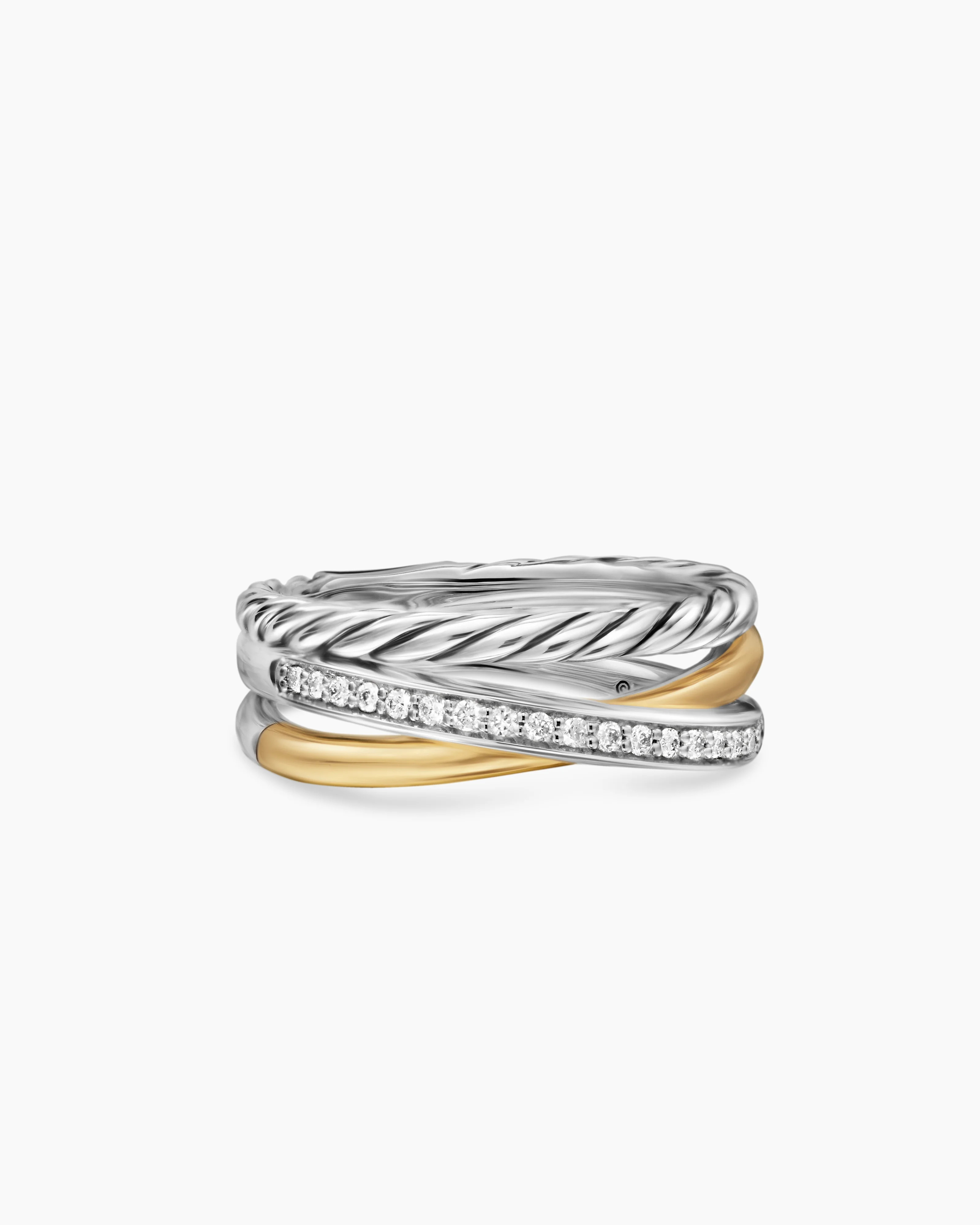 David Yurman | Crossover Three Row Ring in Sterling Silver with 18K Yellow Gold and Diamonds, 7mm | David Yurman