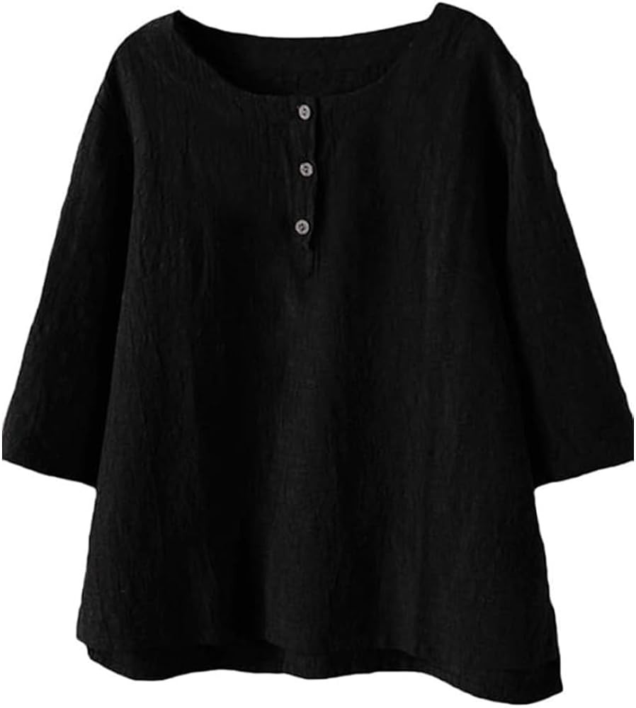 Minibee Women's 3/4 Sleeve Cotton Linen Jacquard Blouses Top T-Shirt | Amazon (US)