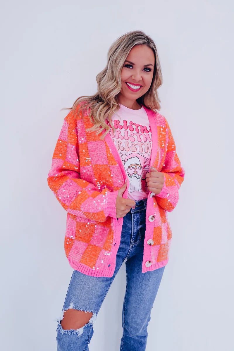 Cheery Checkered N Sequin Cardigan - Orange/Pink | Whiskey Darling Boutique
